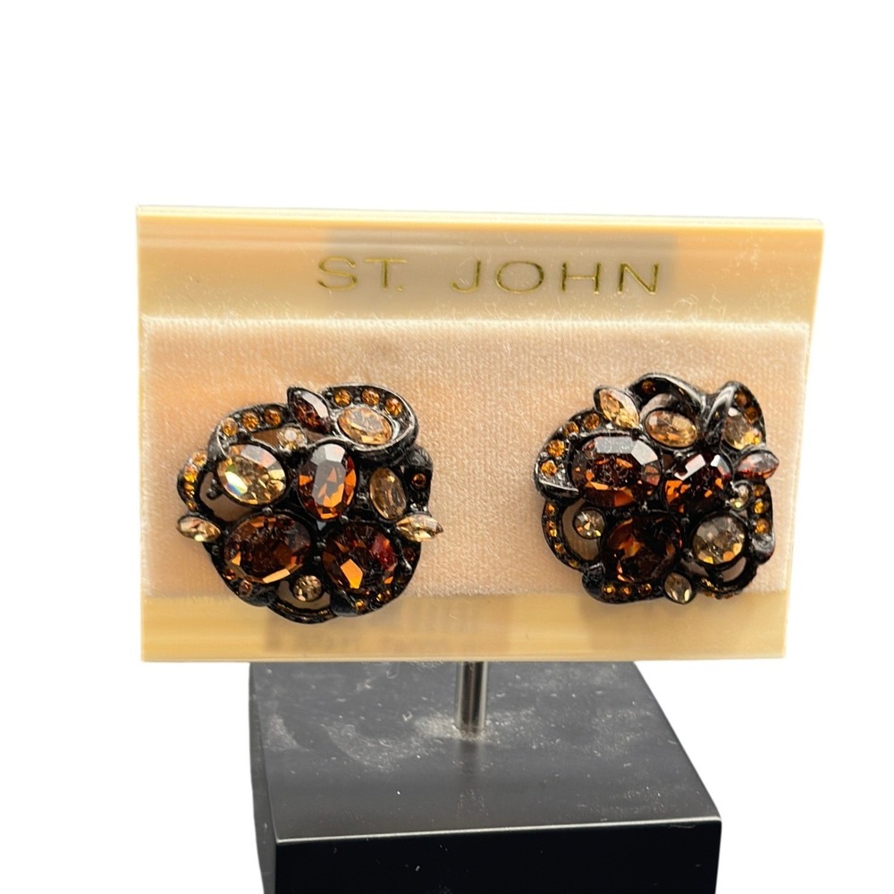 Vintage St John Amber Topaz Crystal Floral Cluster Clip On Earrings Gunmetal KC